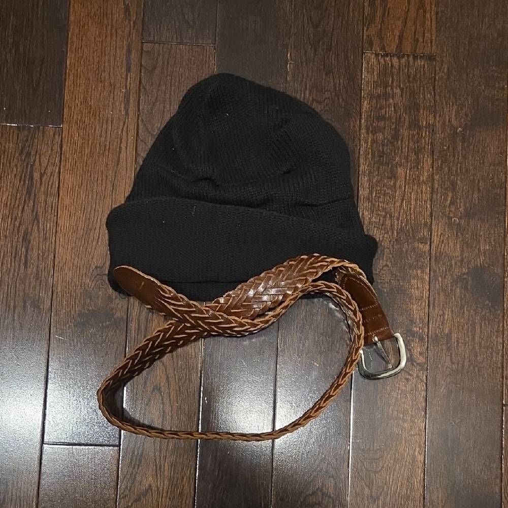 Black Beanie and Brown Braided Belt Set
